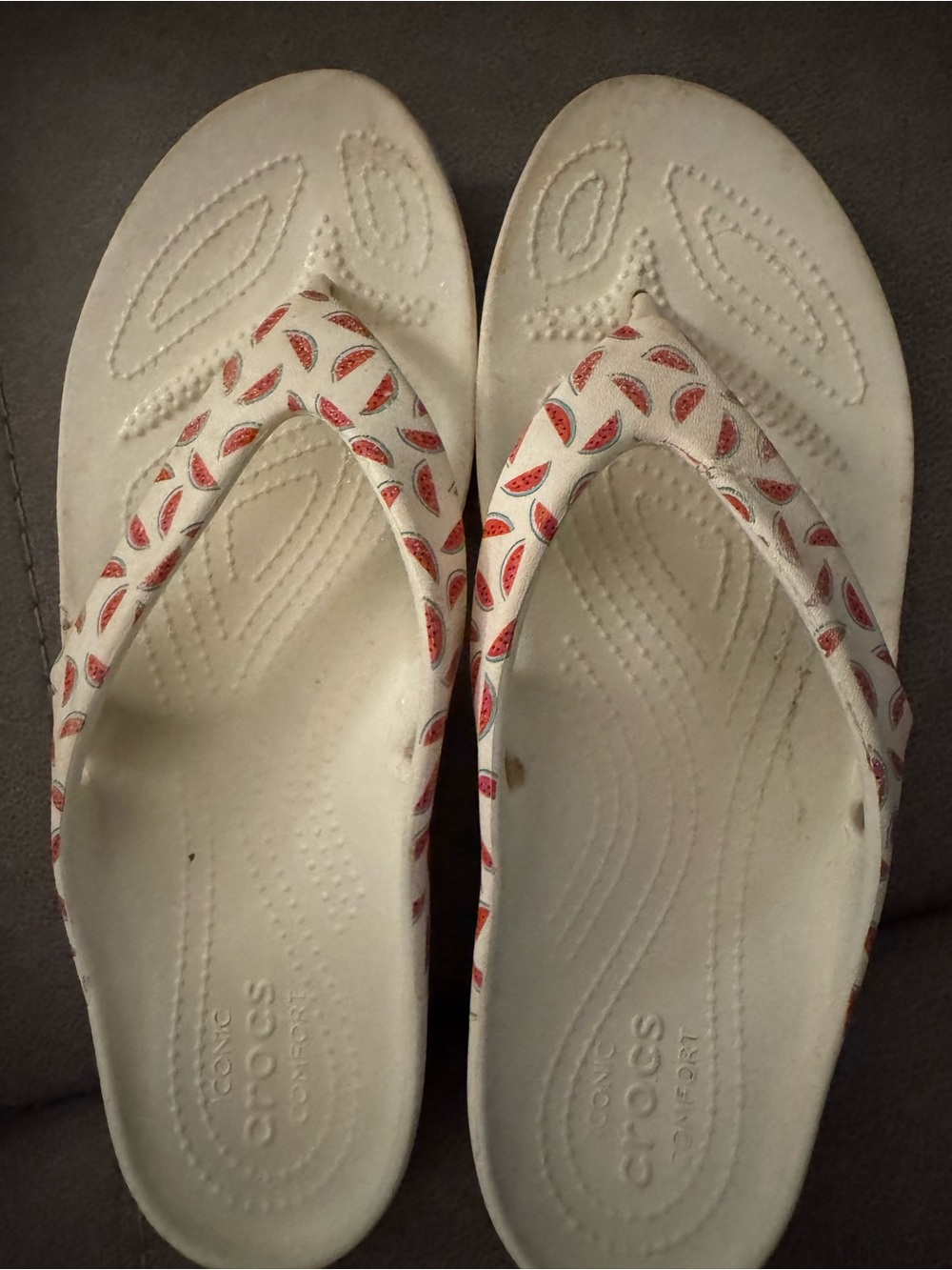 CROCS Women's White Flip Sandals with Red Watermelon Print